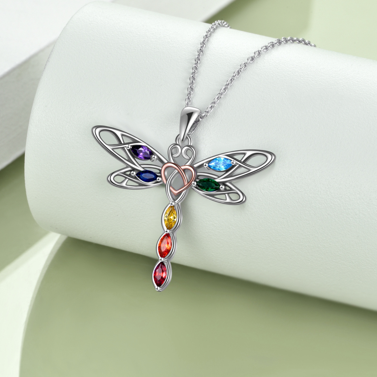 Sterling Silver Two-tone Cubic Zirconia Dragonfly & Celtic Knot Pendant Necklace-3