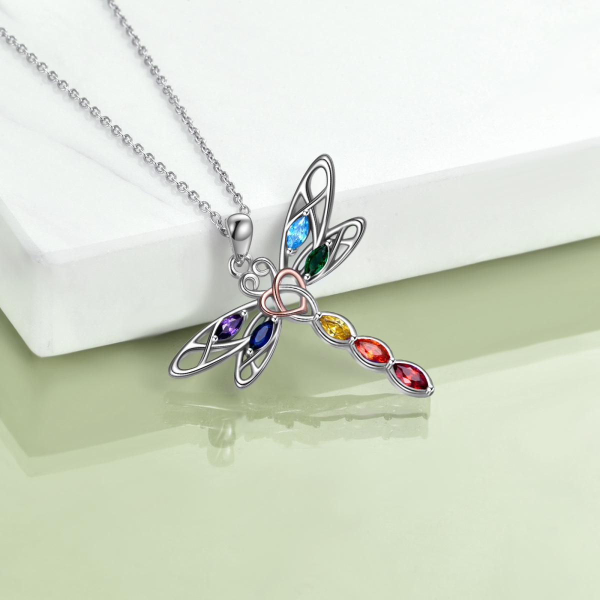 Sterling Silver Two-tone Cubic Zirconia Dragonfly & Celtic Knot Pendant Necklace-4