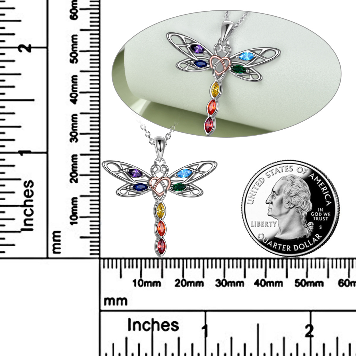 Sterling zilveren tweekleurige Cubic Zirconia Dragonfly & Keltische knoop hanger ketting-6