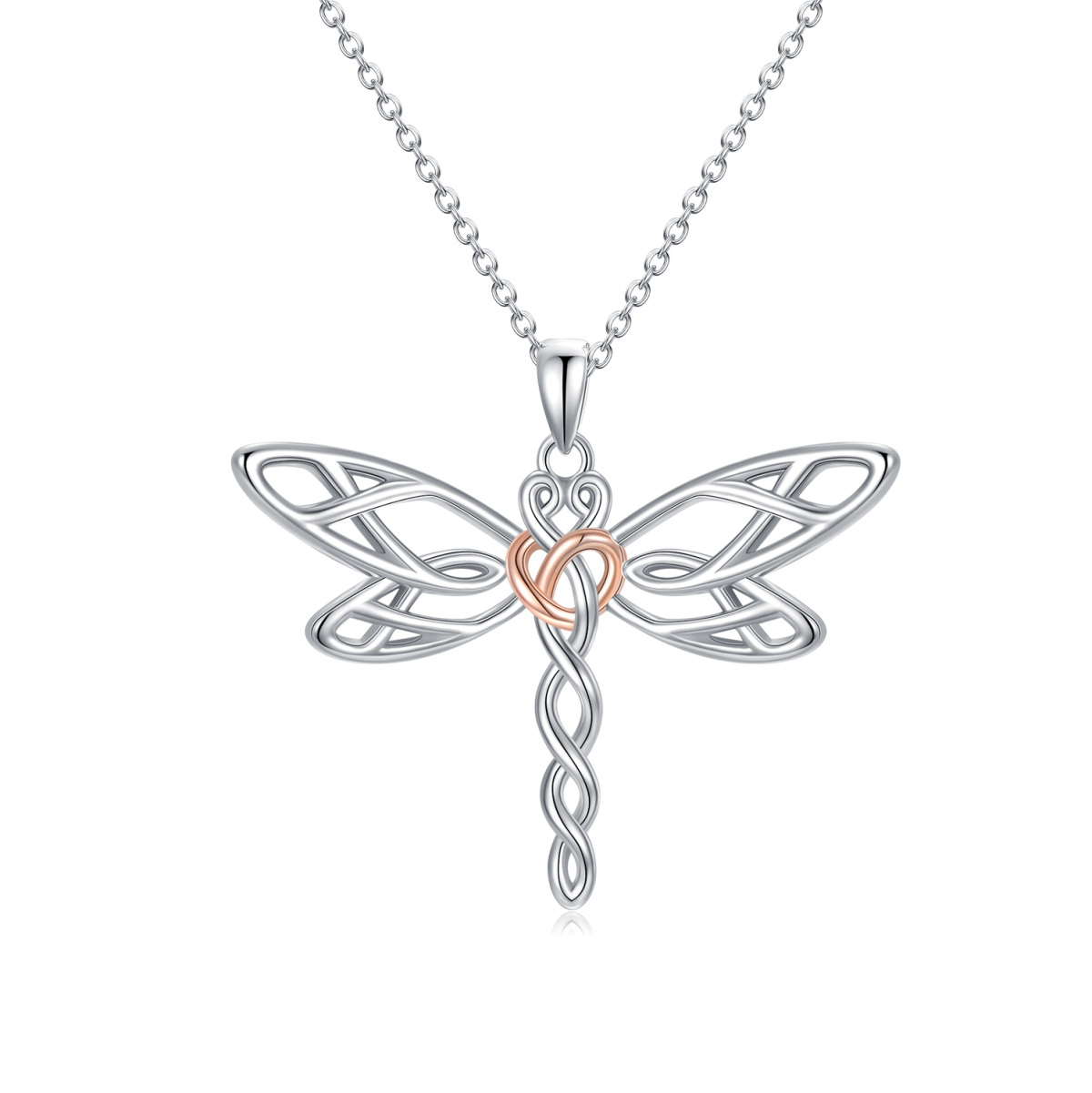 Collana con ciondolo a forma di libellula e nodo celtico in argento sterling bicolore-1