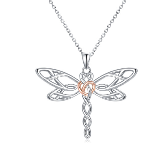 Collana con ciondolo a forma di libellula e nodo celtico in argento sterling bicolore