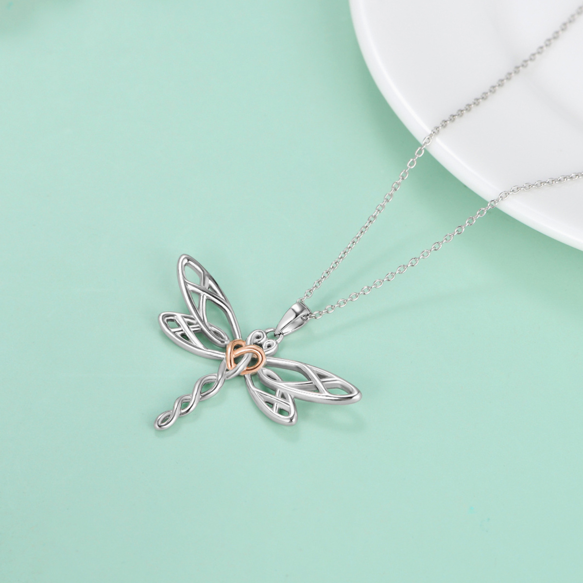 Sterling zilveren tweekleurige Dragonfly & Keltische knoop hanger ketting-4