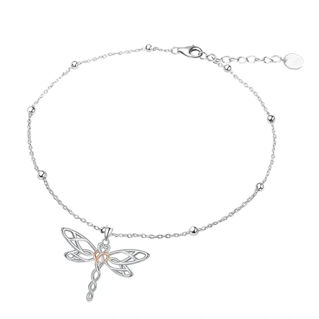 Sterling Silver Two-tone Dragonfly & Celtic Knot Single Layer Anklet-1