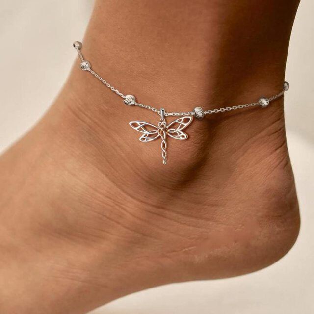 Sterling Silver Two-tone Dragonfly & Celtic Knot Single Layer Anklet-2