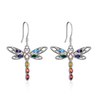 Sterling Silver Two-tone Cubic Zirconia Dragonfly & Chakras Drop Earrings-50