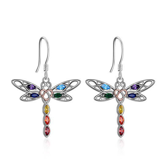 Sterling Silver Two-tone Cubic Zirconia Dragonfly & Chakras Drop Earrings