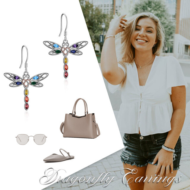 Sterling Silver Two-tone Cubic Zirconia Dragonfly & Chakras Drop Earrings-4