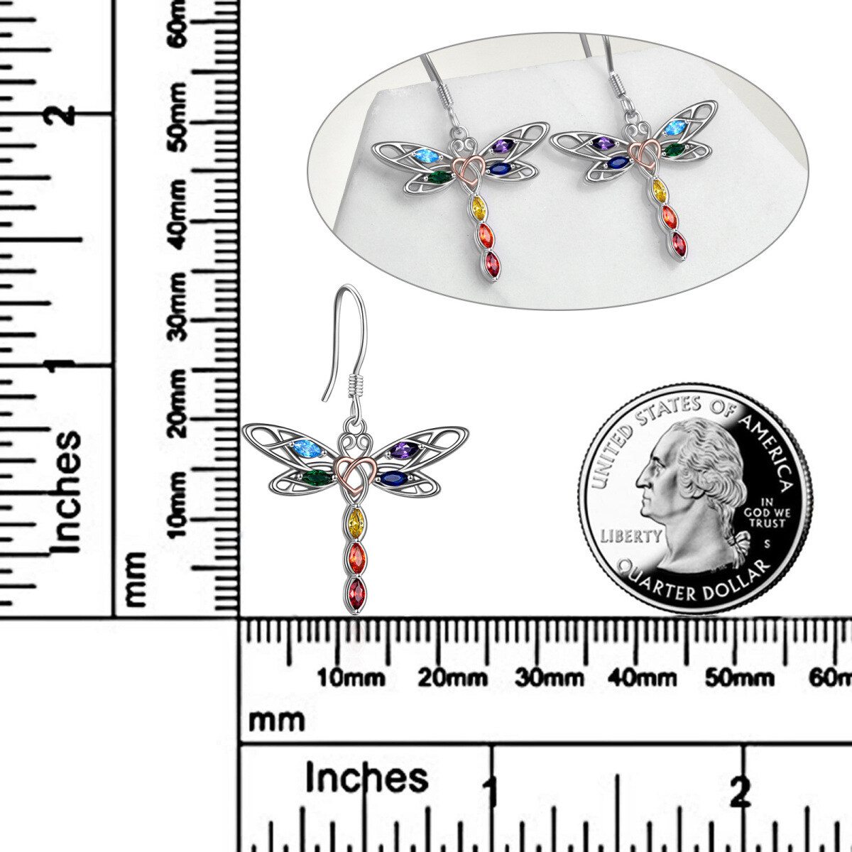 Sterling Silver Two-tone Cubic Zirconia Dragonfly & Chakras Drop Earrings-6