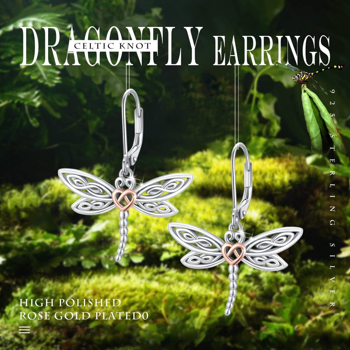 Sterling zilveren tweekleurige Dragonfly drop oorbellen-5