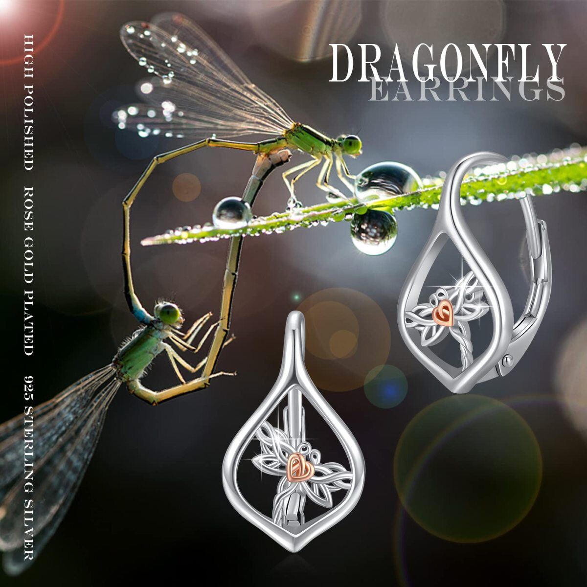 Sterling Silver Two-tone Dragonfly Lever-back Earrings-6