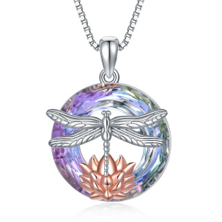 Sterling Silver Two-tone Dragonfly & Lotus Crystal Pendant Necklace-3