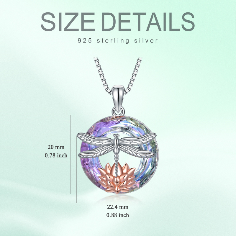 Colar de prata esterlina com pingente de cristal de libélula e lótus em dois tons-5