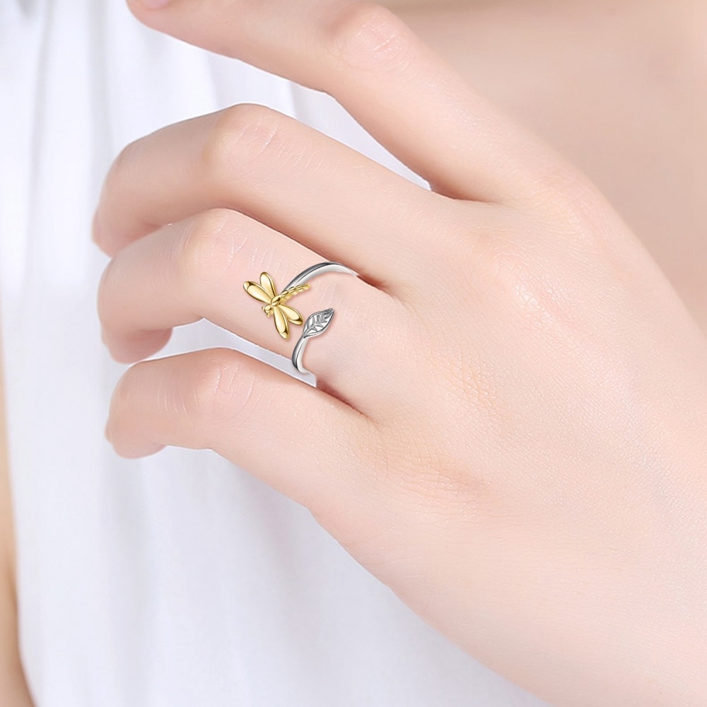 Sterling Silver Two-tone Dragonfly Open Ring-2