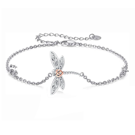 Sterling Silver Two-tone Dragonfly Pendant Bracelet