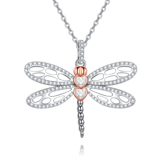 Sterling Silver Two-tone Cubic Zirconia Dragonfly Pendant Necklace