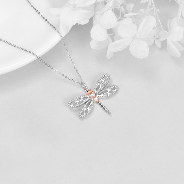 Sterling Silver Two-tone Cubic Zirconia Dragonfly Pendant Necklace-4