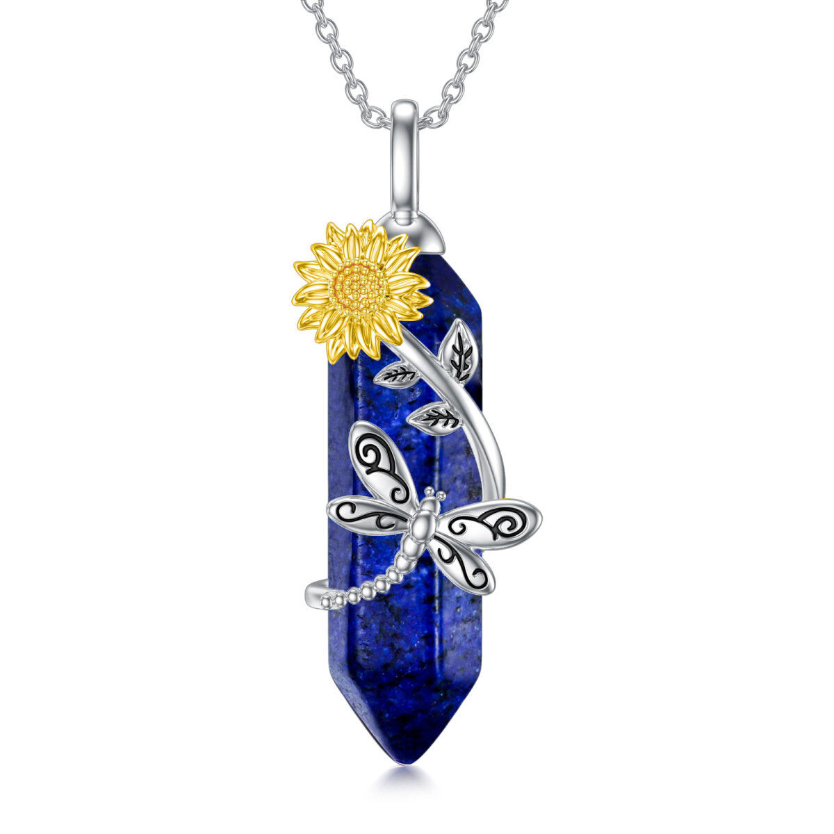 Collana con ciondolo in argento sterling bicolore a forma di libellula e girasole-1