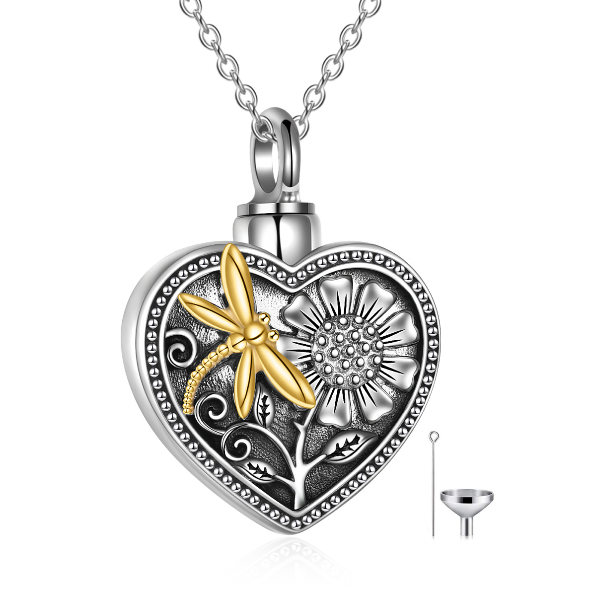 Sterling Silver Two-Tone Dragonfly Sunflower Heart Urn Necklace For Ashes-1