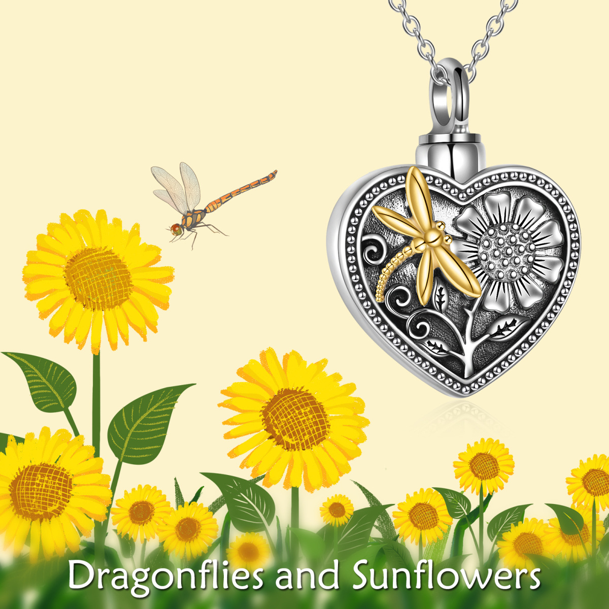 Sterling Silver Two-Tone Dragonfly Sunflower Heart Urn Necklace For Ashes-6