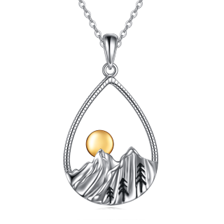 Sterling Silver Two-tone Drop Shape & Mountains & Sun Pendant Necklace-60