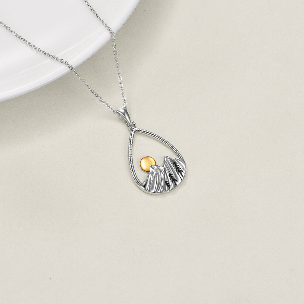 Sterling Silver Two-tone Drop Shape & Mountains & Sun Pendant Necklace-4