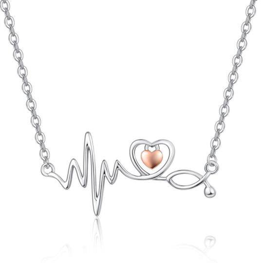 Collar de plata de ley con electrocardiograma, corazón y estetoscopio en dos tonos