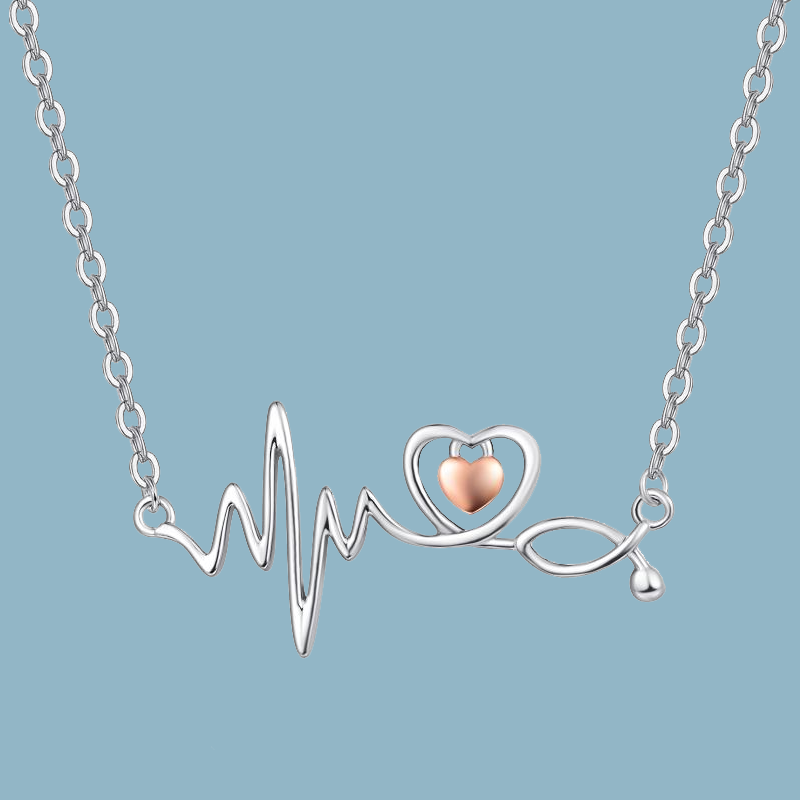 Sterling Silver Two-Tone Electrocardiogram With Heart With Stethoscope Pendant Necklace For Women Best Friend-4