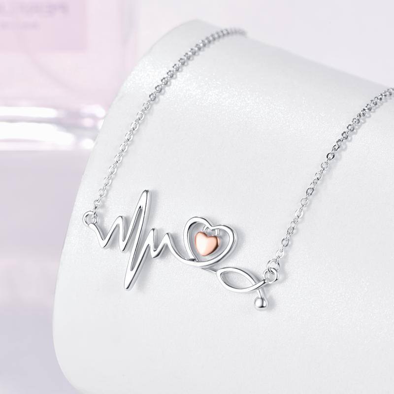 Sterling Silver Two-Tone Electrocardiogram With Heart With Stethoscope Pendant Necklace For Women Best Friend-5