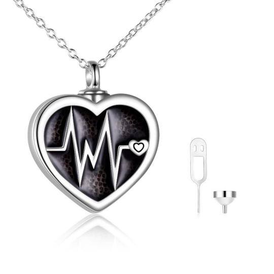 Sterling Silver Two-tone Electrocardiogram & Heart Urn Necklace for Ashes with Engraved Word