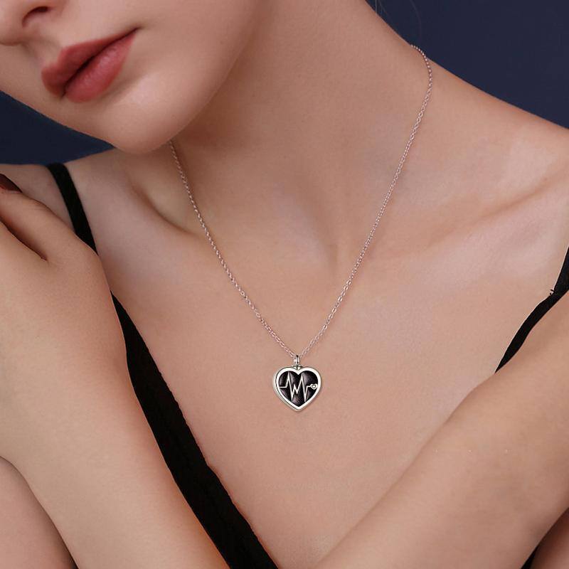 Collana in argento sterling bicolore con elettrocardiogramma e cuore per le ceneri con parola incisa-2