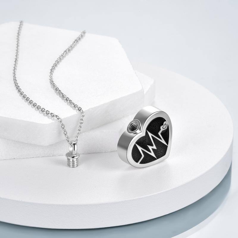 Sterling Silver Two-tone Electrocardiogram & Heart Urn Necklace for Ashes with Engraved Word-4