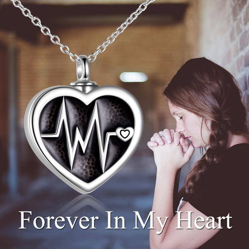 Sterling Silver Two-tone Electrocardiogram & Heart Urn Necklace for Ashes with Engraved Word-6