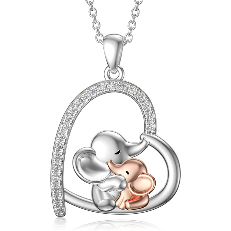 Collana con ciondolo Elefante e Cuore in argento sterling con zirconia cubica bicolore-1