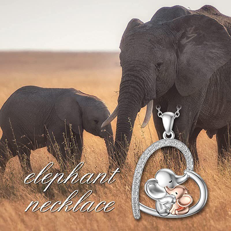 Sterling Silver Two-tone Cubic Zirconia Elephant & Heart Pendant Necklace-4