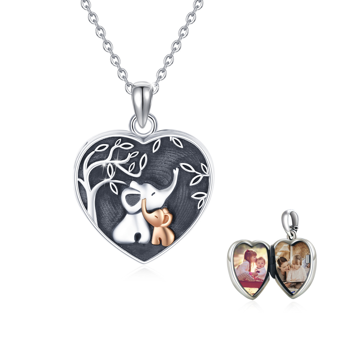 Sterling Silver Two-tone Elephant Heart Personalized Photo Locket Necklace for Women-1