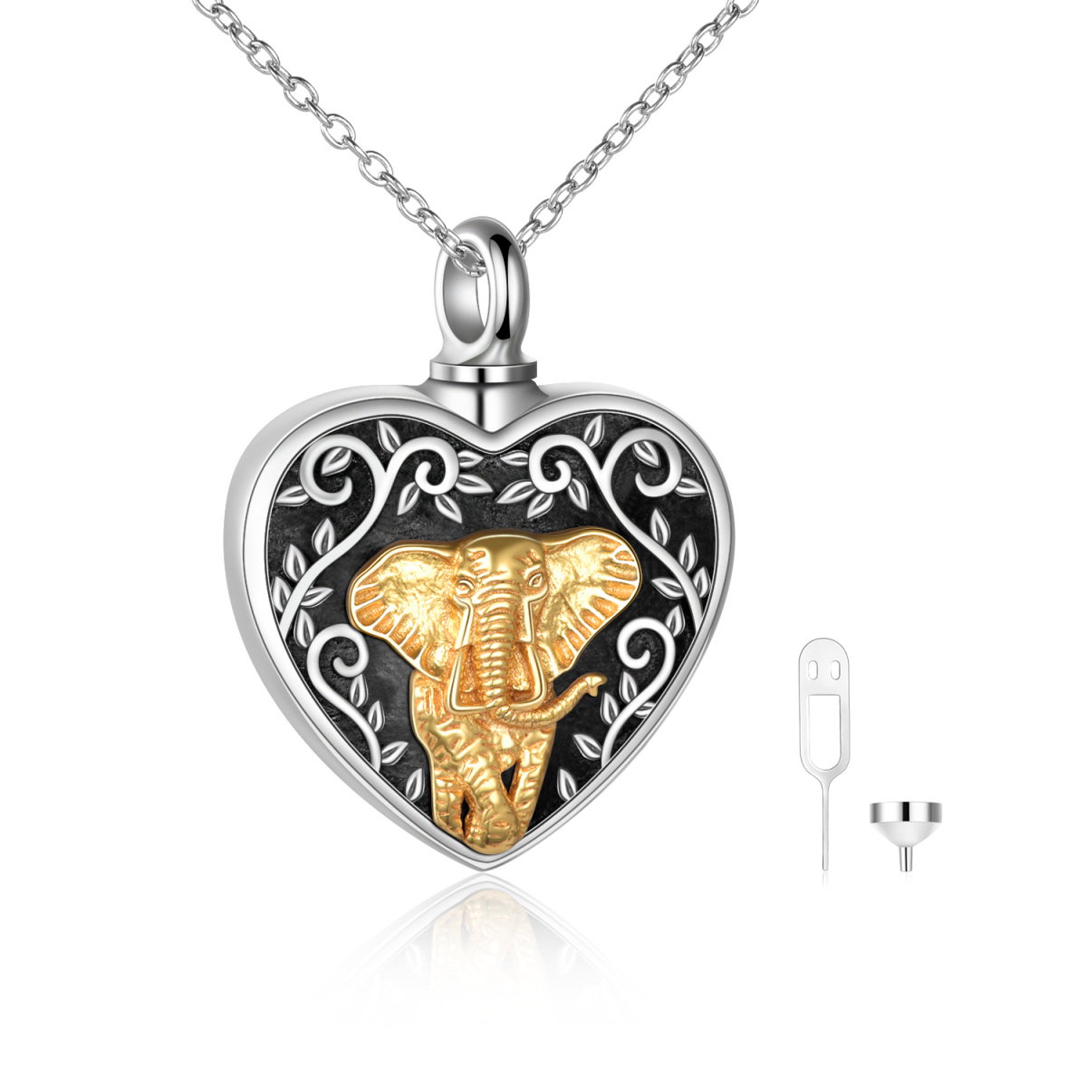 Collana con urna a forma di cuore di elefante bicolore in argento sterling per ceneri con parola incisa-1