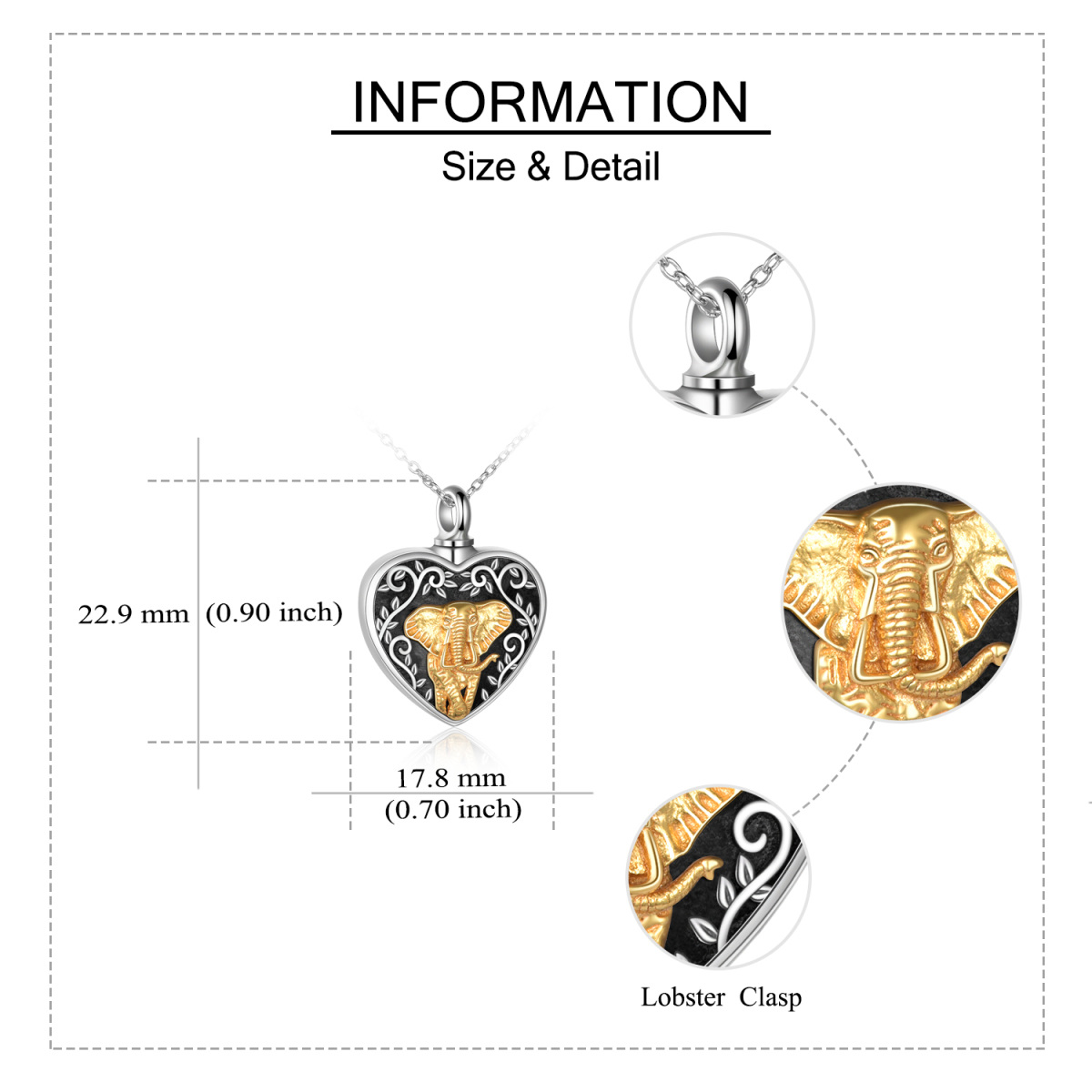 Collana con urna a forma di cuore di elefante bicolore in argento sterling per ceneri con parola incisa-5