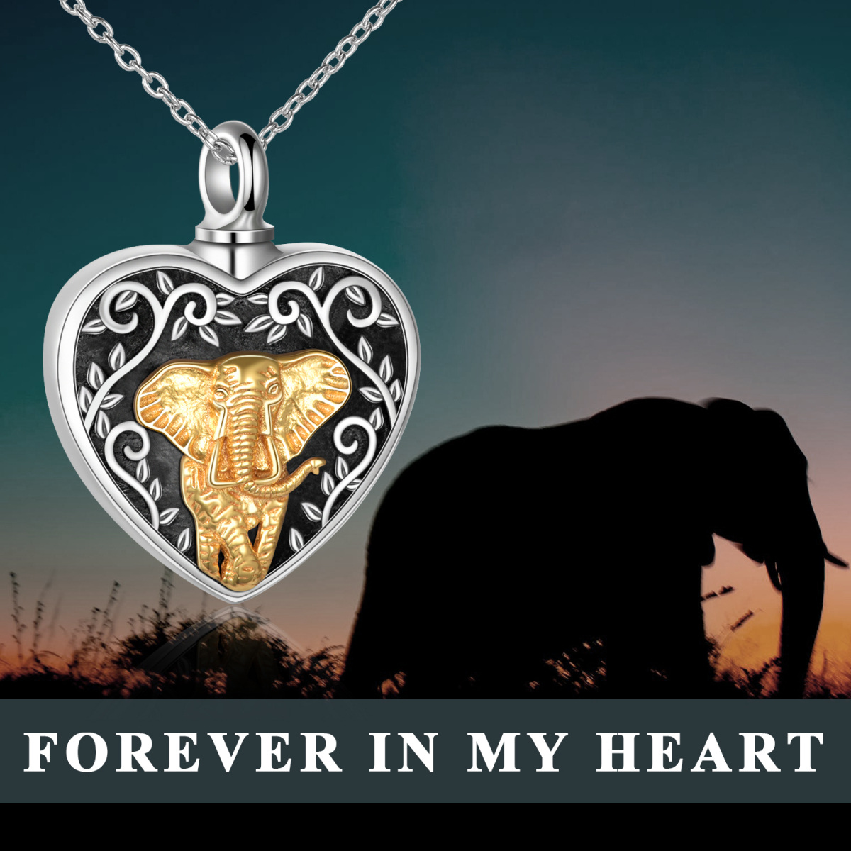 Collana con urna a forma di cuore di elefante bicolore in argento sterling per ceneri con parola incisa-6