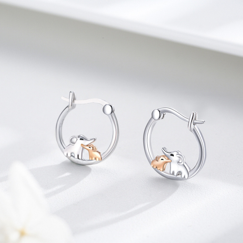 Orecchini a cerchio con elefante bicolore in argento sterling-4