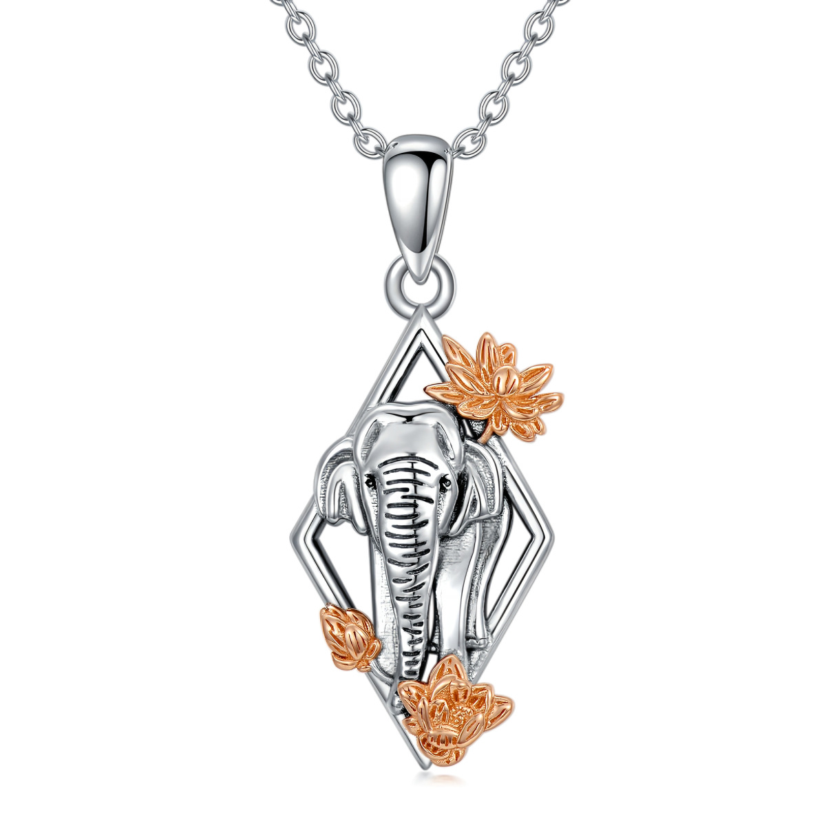 Sterling Silver Two-tone Elephant & Lotus Pendant Necklace-1