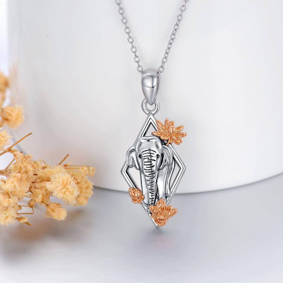 Sterling Silver Two-tone Elephant & Lotus Pendant Necklace-3