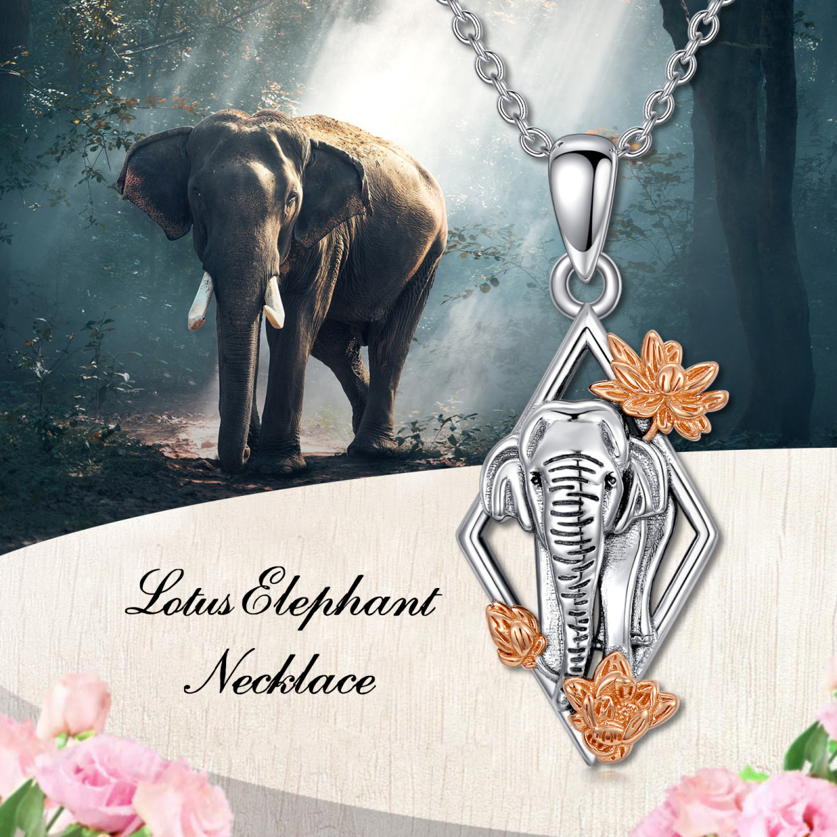 Collana con ciondolo Elefante e Loto in argento sterling bicolore-5