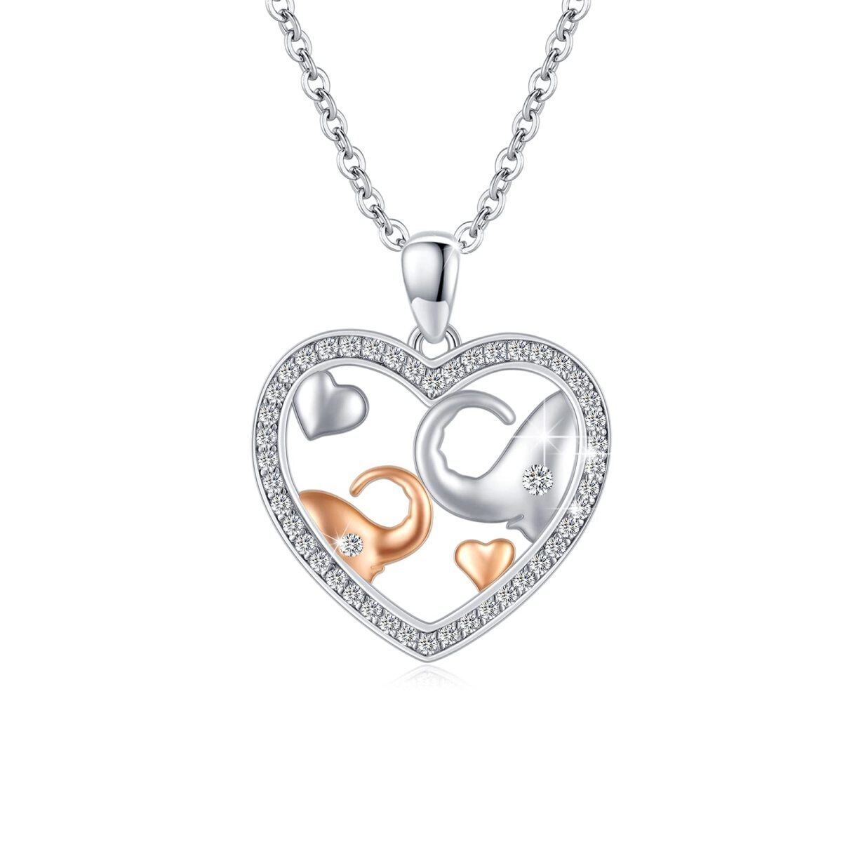 Collier en argent sterling avec pendentif Elephant Lovers & Heart en zircon cubique bicolore-1