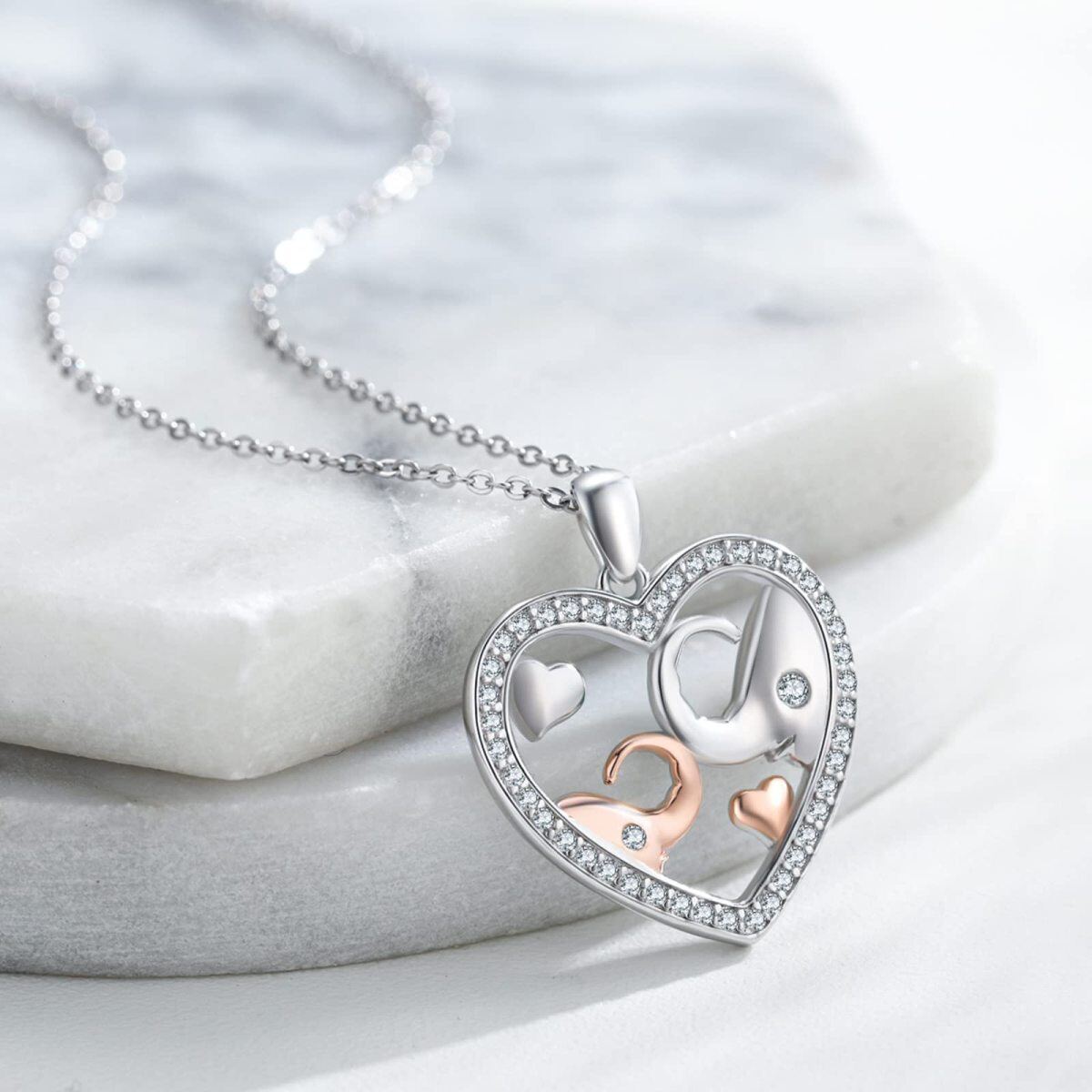 Collier en argent sterling avec pendentif Elephant Lovers & Heart en zircon cubique bicolore-4