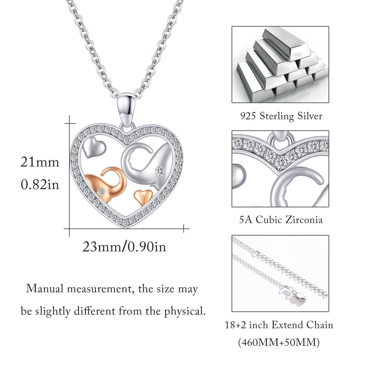 Sterling Silber zweifarbig Cubic Zirkonia Elefant Lovers & Herz Anhänger Halskette-5