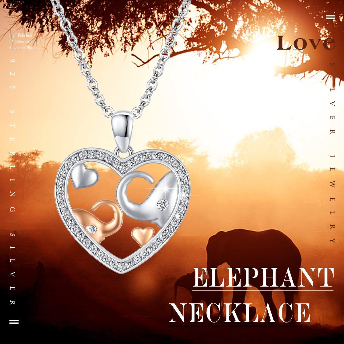 Collier en argent sterling avec pendentif Elephant Lovers & Heart en zircon cubique bicolore-6