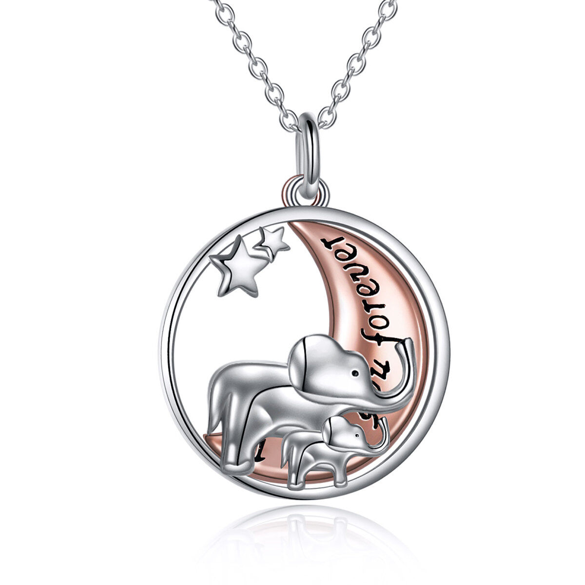 Sterling Silver Two-tone Elephant & Moon Pendant Necklace-1