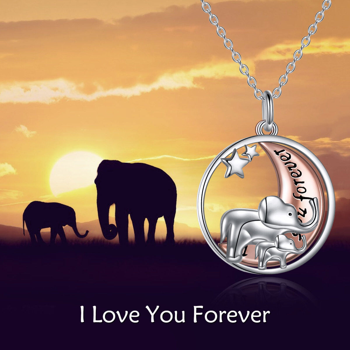 Sterling Silver Two-tone Elephant & Moon Pendant Necklace-6