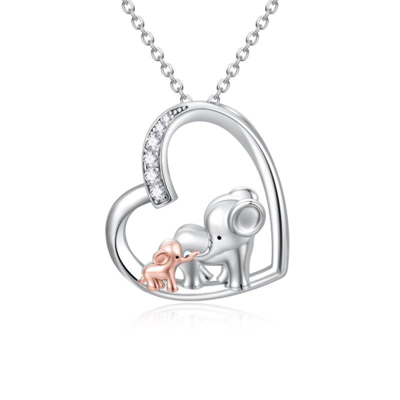 Sterling Silver Two-tone Cubic Zirconia Elephant Mother & Baby Heart Pendant Necklace-10