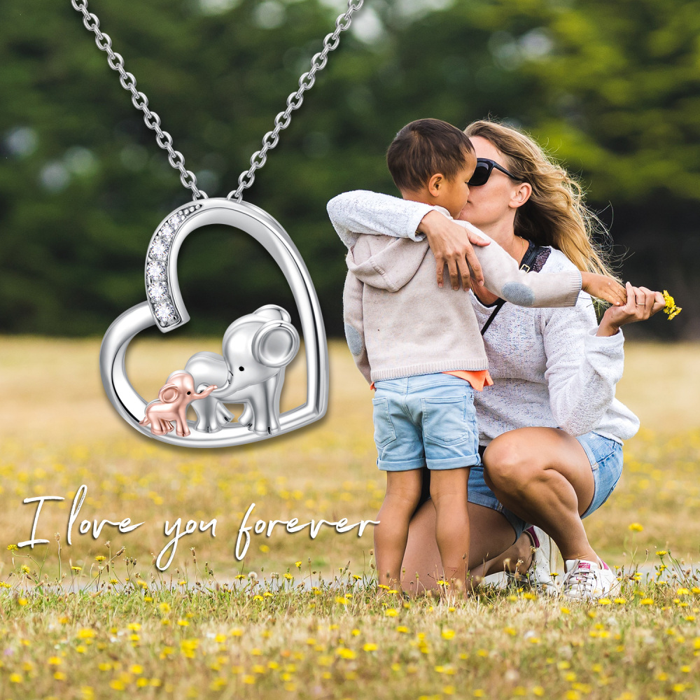 Sterling Silver Two-tone Cubic Zirconia Elephant Mother & Baby Heart Pendant Necklace-5